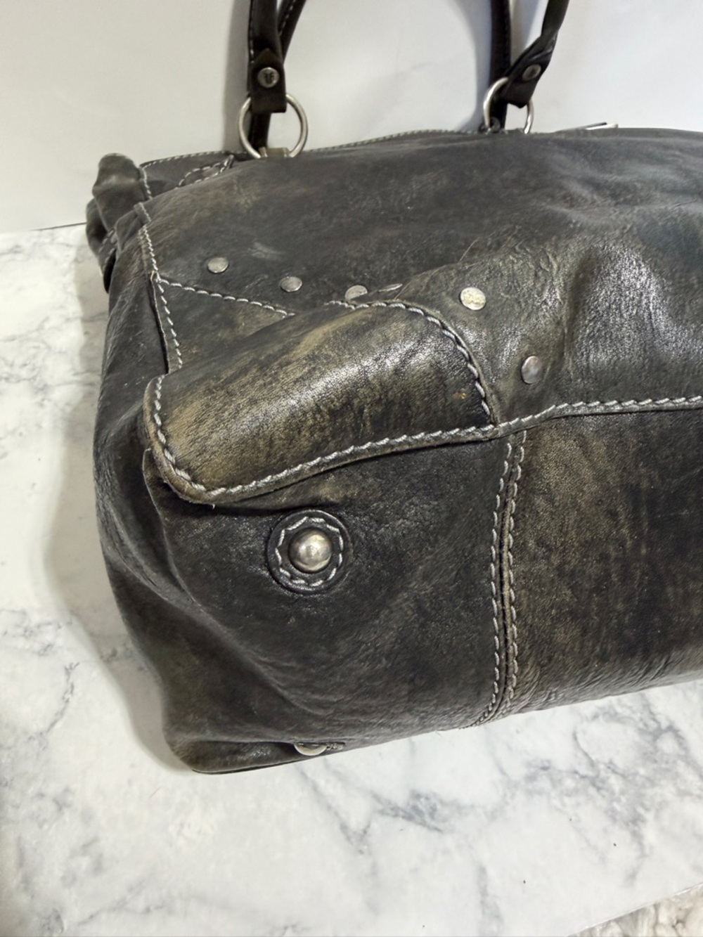 Frye Melissa rustic distressed black leather silver studded moto large tote bag - Picture 8 of 13